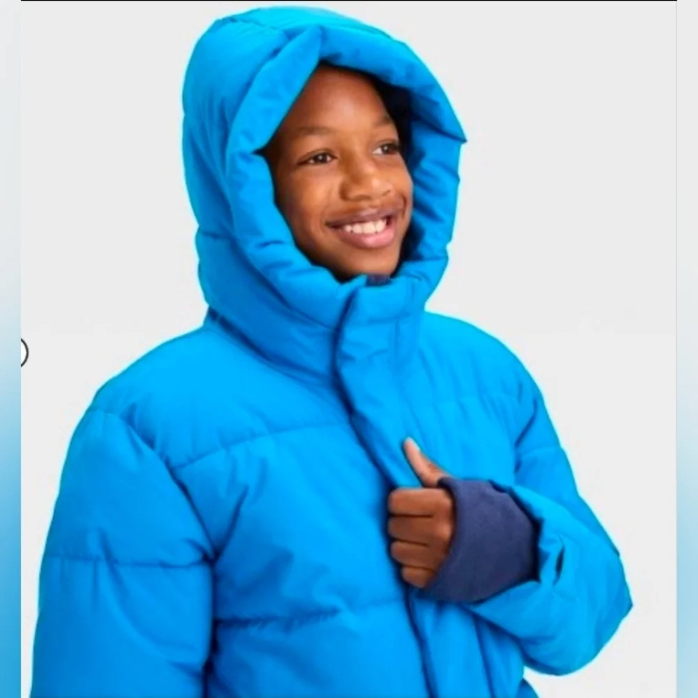 All In Motion Boys Short Puffer Jacket Blue Extendable Sleeves Size XL 14
